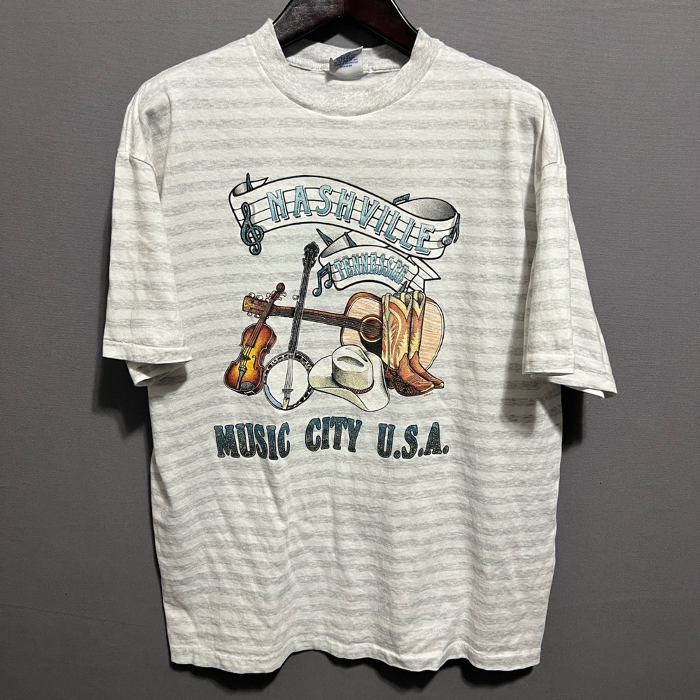 Vintage Nashville Music City USA T-Shirt XL Grey Striped Single Stitch 90s Mens
